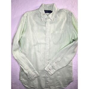 Ralph Lauren Linen Shirt Mens Medium Green White Stripe Button Down Long Sleeve